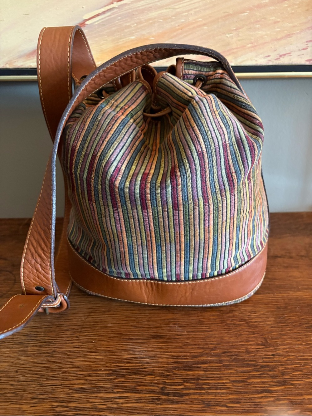 Vintage Bally Italy Multicolor Stripe Leather Drawstring Bucket Bag - Picture 5 of 13